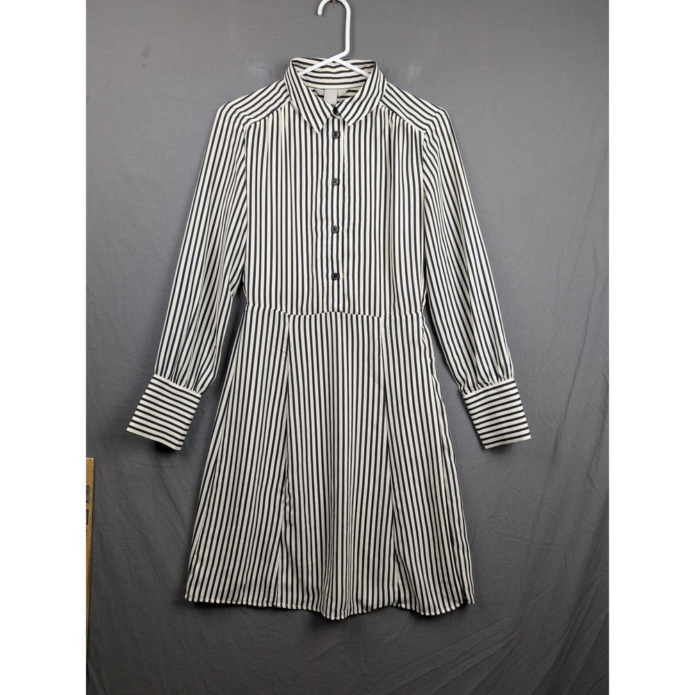 H&M Black White Striped Long Sleeve Mini Shirt Dress Size 4